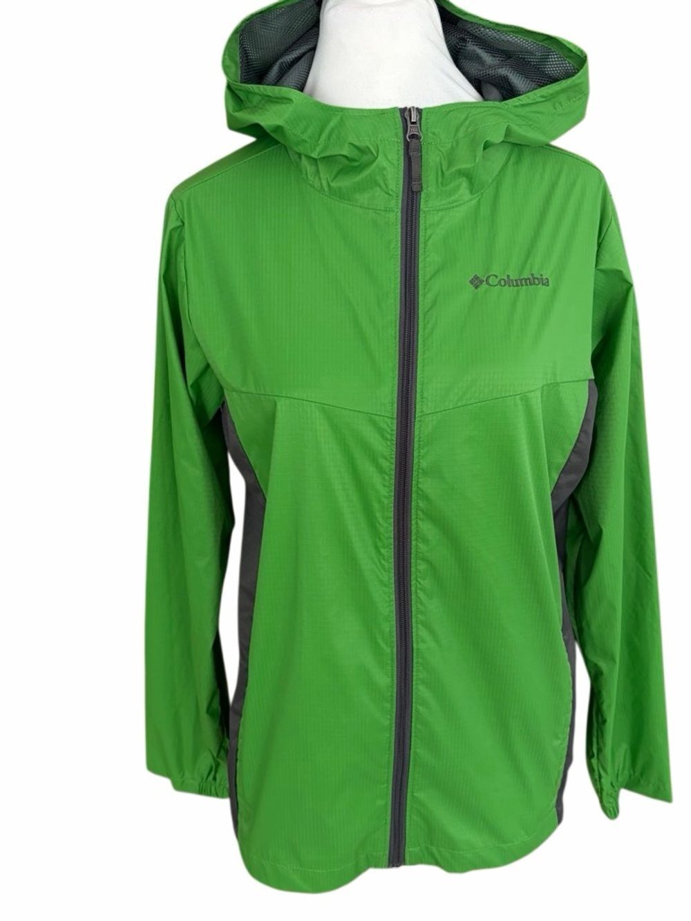 Columbia Green Hooded Windbreaker Full zip front Jacket size kids L (14-16).